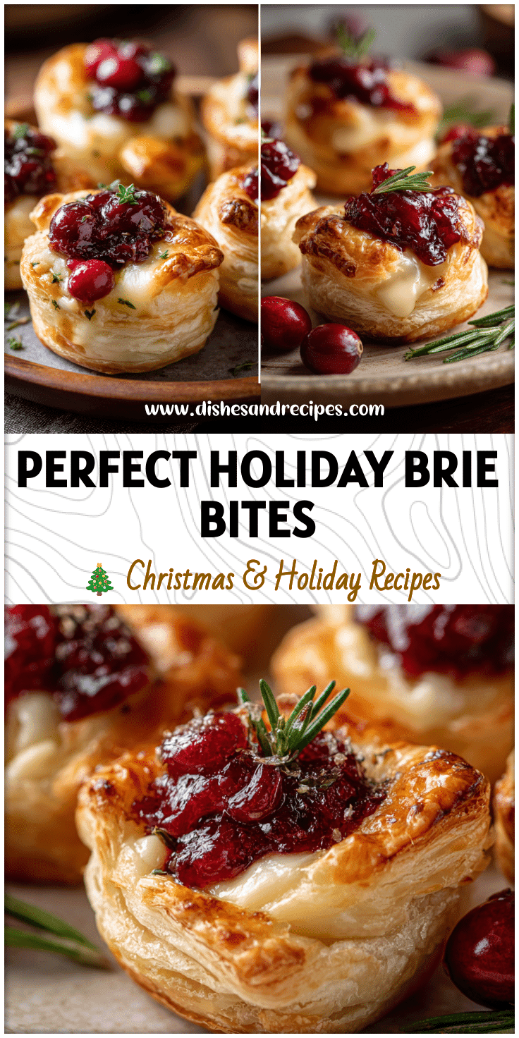 Golden puff pastry filled with melted brie and cranberry sauce on a holiday platter for Thanksgiving Brie Bites.